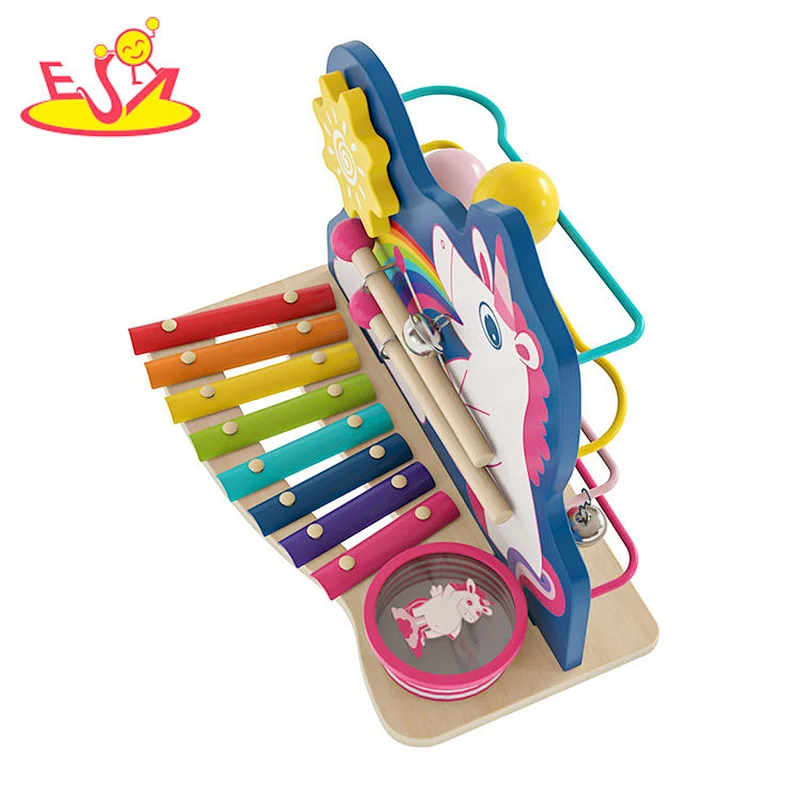 Multifunction Educational Kids Unicorn Wooden Xylophone Toy With Ball Track W12D505